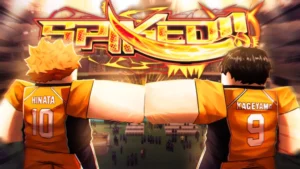 Spiked Codes February 2026 Free Rewards Two blocky, anime-style characters, Hinata and Kageyama from Haikyuu!!, fist-bump in a vibrant Roblox game image for "Spiked." They wear orange volleyball jerseys with their names and numbers, set against a stadium full of spectators and a fiery "SPIKED!" logo.