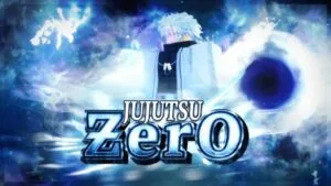 Jujutsu Zero Codes February 2026 – Free Rewards A character resembling Gojo Satoru from Jujutsu Zero, with white hair and a white robe, stands amidst a swirling blue and white aura. The game title "JUJUTSU ZERO" is displayed in prominent metallic blue letters. A dark, circular void with bright energy surrounds it on the right side of the image.