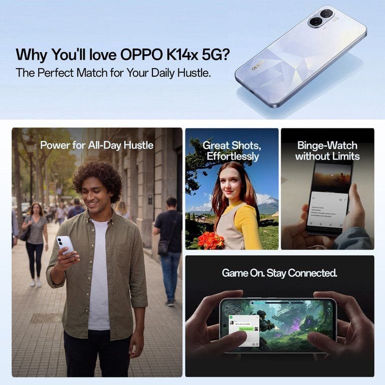 Oppo K14x 5G promotional banner highlighting design, camera, gaming, streaming, and daily performance features.
