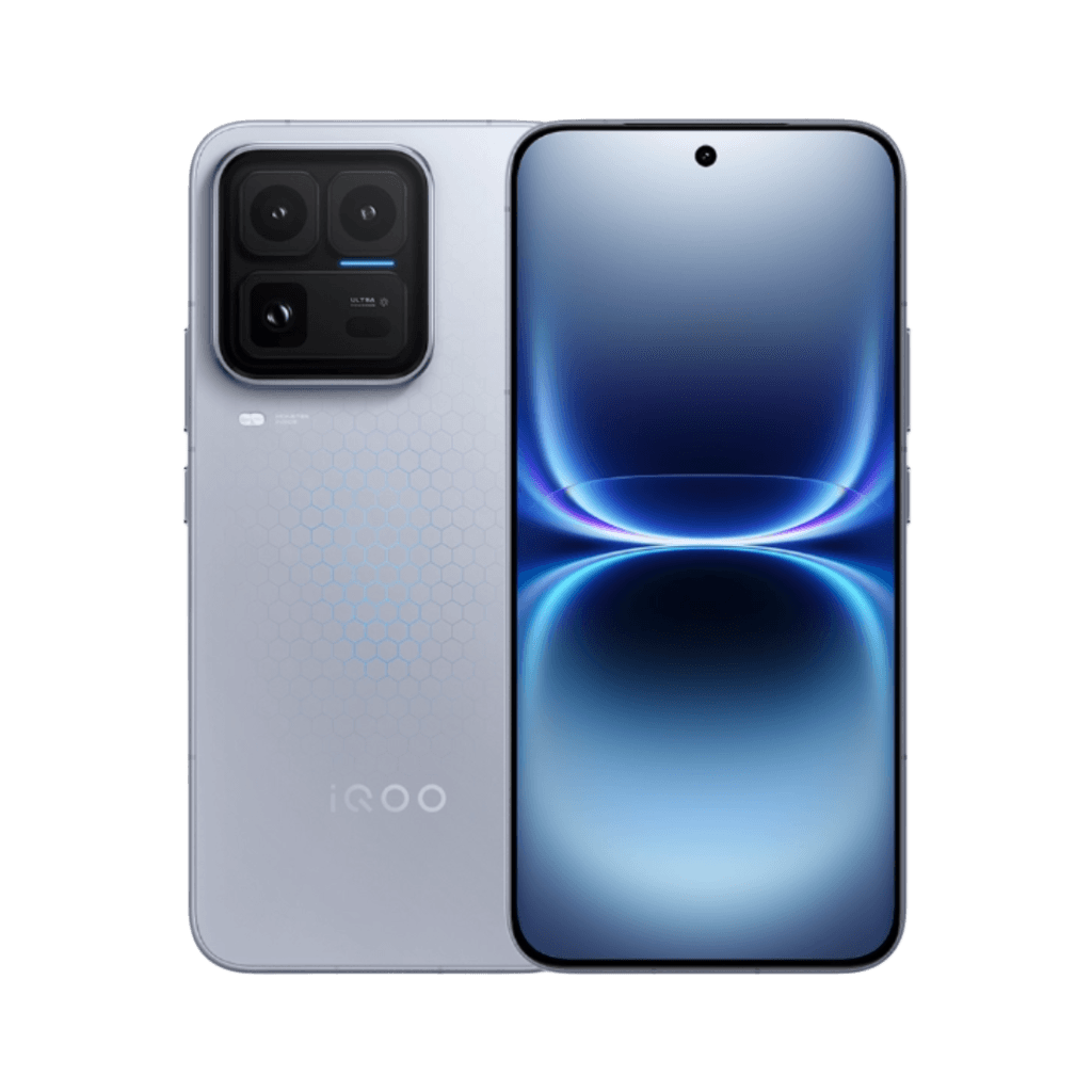 iQOO 15 Ultra smartphone, showing both back and front views against a black background. The back has a hexagonal texture, large square camera module with multiple lenses, and the iQOO logo. The front features a curved display with a centered punch-hole camera and a blue gradient screen graphic.