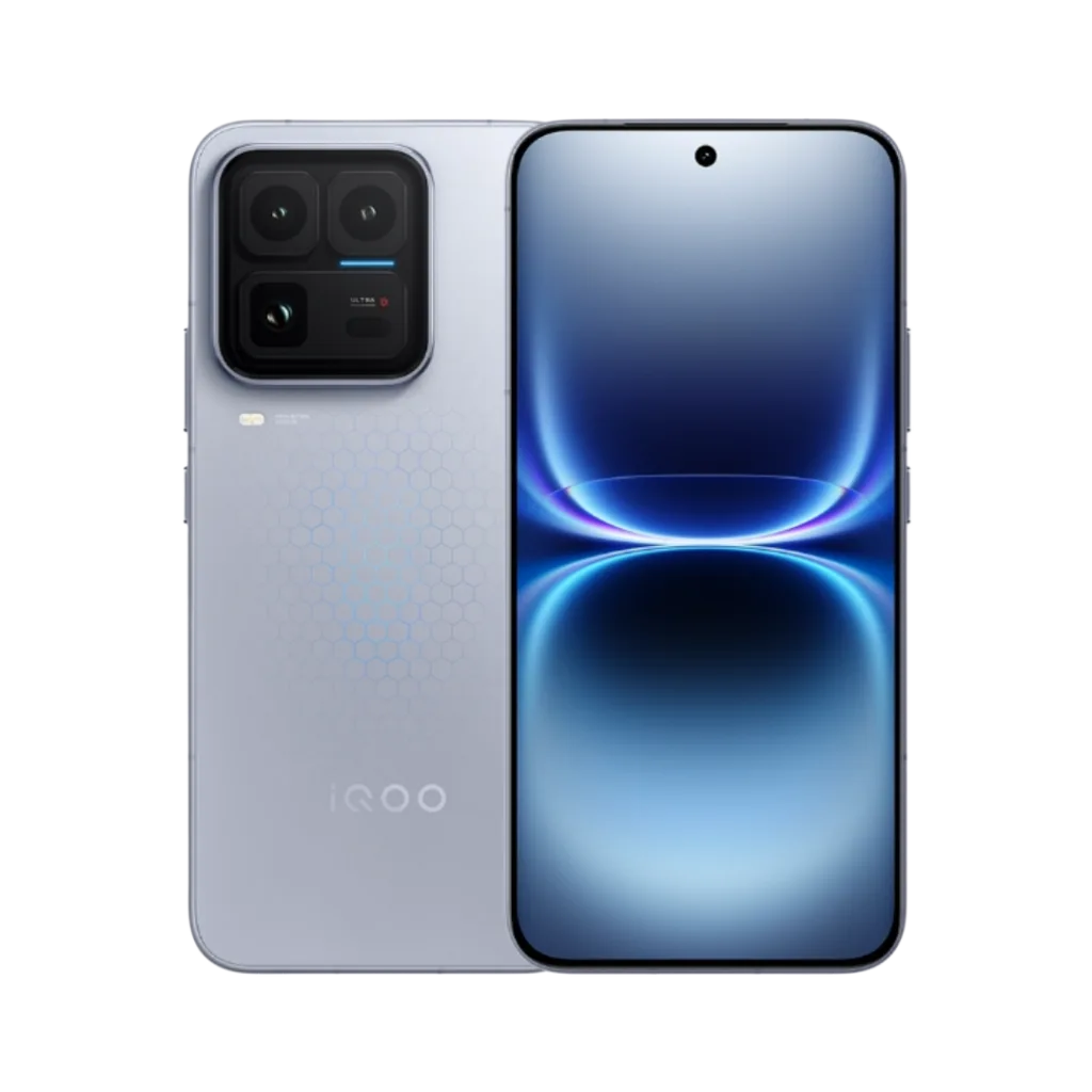 iQOO 15 Ultra iQOO 15 Ultra smartphone, showing both back and front views against a black background. The back has a hexagonal texture, large square camera module with multiple lenses, and the iQOO logo. The front features a curved display with a centered punch-hole camera and a blue gradient screen graphic.
