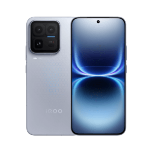 picsart_26-02-06_23-04-20-2107845951080481884027 1 iQOO 15 Ultra smartphone, showing both back and front views against a black background. The back has a hexagonal texture, large square camera module with multiple lenses, and the iQOO logo. The front features a curved display with a centered punch-hole camera and a blue gradient screen graphic.