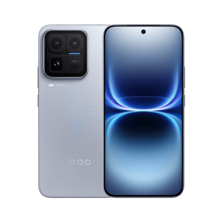 iQOO 15 Ultra iQOO 15 Ultra smartphone, showing both back and front views against a black background. The back has a hexagonal texture, large square camera module with multiple lenses, and the iQOO logo. The front features a curved display with a centered punch-hole camera and a blue gradient screen graphic.