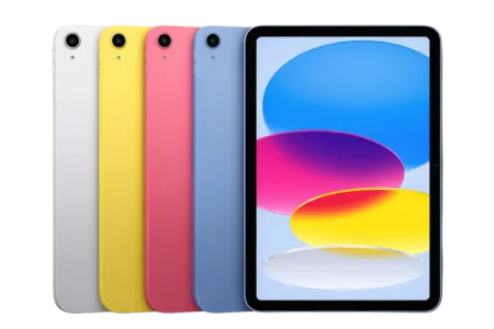 Apple iPad 11th generation with A16 chip shown in silver, yellow, pink, and blue color options, featuring a single rear camera and a front display with colorful abstract wallpaper.