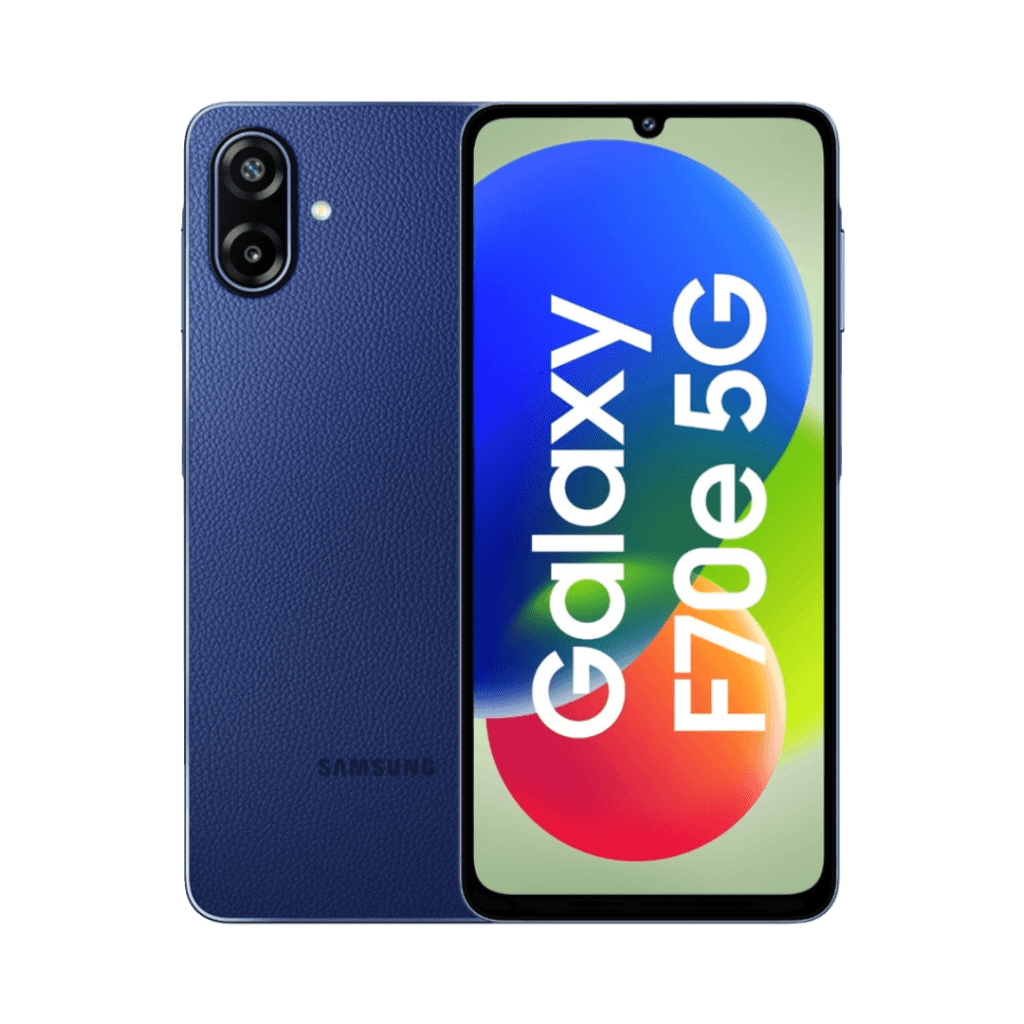 Samsung Galaxy F70e 5G smartphone shown from front and back against a black background. The back features a textured dark blue vegan leather-pattern finish with a dual-camera module in the top-left corner and the Samsung logo at the bottom. The front displays a 6.7-inch HD+ screen with a waterdrop notch, showing the text 'Galaxy F70e 5G' over a colorful gradient background of blue, green, yellow, and red circles.