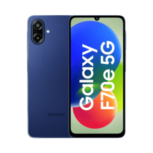 Samsung Galaxy F70e 5G smartphone shown from front and back against a black background. The back features a textured dark blue vegan leather-pattern finish with a dual-camera module in the top-left corner and the Samsung logo at the bottom. The front displays a 6.7-inch HD+ screen with a waterdrop notch, showing the text 'Galaxy F70e 5G' over a colorful gradient background of blue, green, yellow, and red circles.