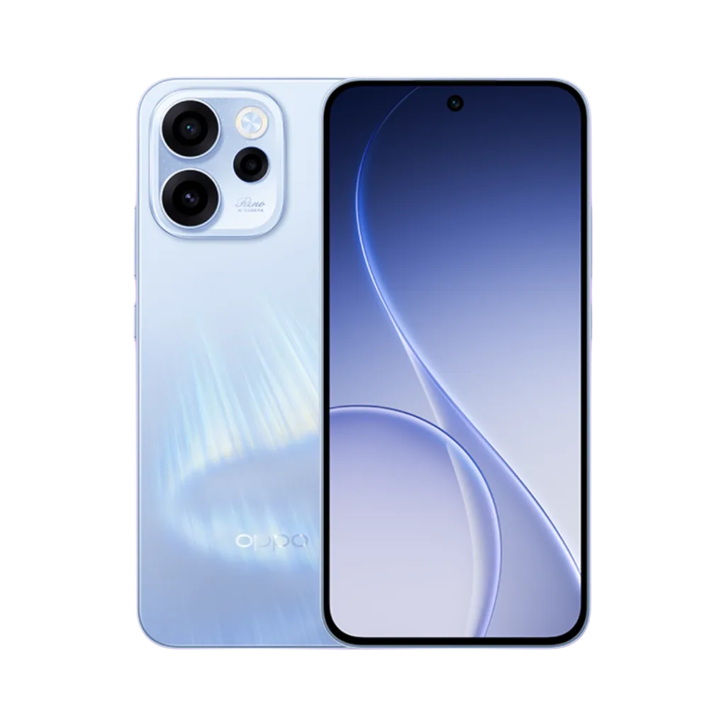 Oppo Reno 15F smartphone shown from front and back, featuring a slim light-blue design, flat display with centered punch-hole camera, and a triple rear camera module with LED flash on a glossy finish.