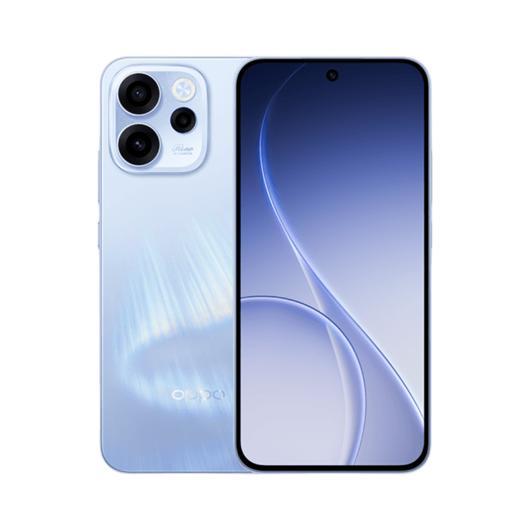 Oppo Reno 15F Oppo Reno 15F smartphone shown from front and back, featuring a slim light-blue design, flat display with centered punch-hole camera, and a triple rear camera module with LED flash on a glossy finish.