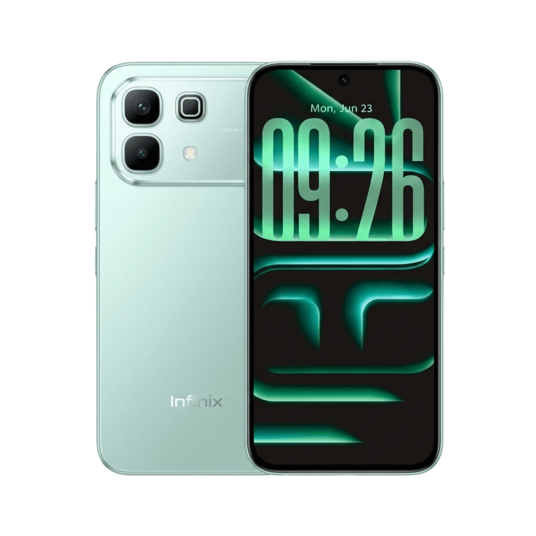 Infinix Note 60 A mint green Infinix Note 60 smartphone with a transparent background, showcasing its rear camera module and a vibrant lock screen displaying "Mon, Jun 23" and "09:26."