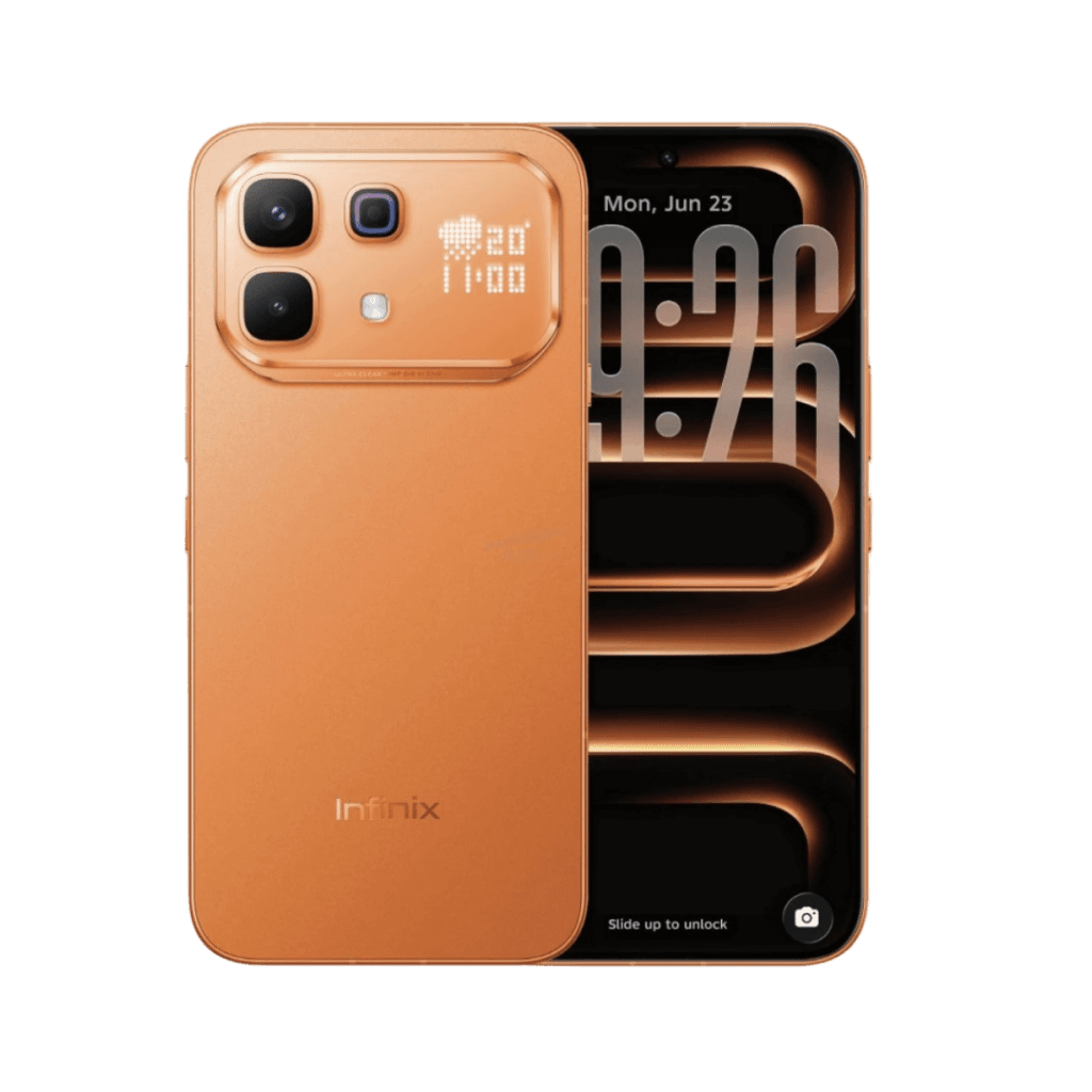 A bronze Infinix Note 60 Pro is shown against a black background, featuring a dot-matrix display on its camera module and a lock screen with "Mon, Jun 23" and "09:26" over orange glowing patterns.