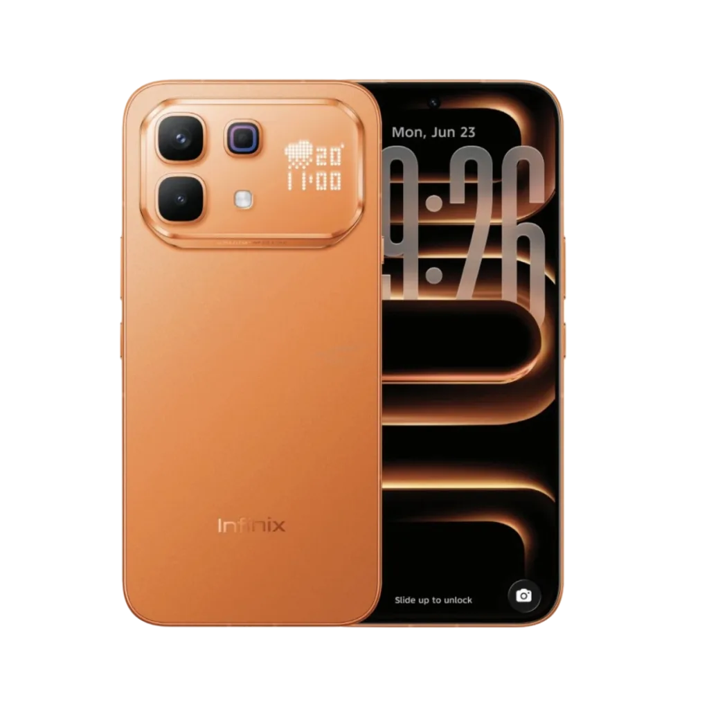 A bronze Infinix Note 60 Pro is shown against a black background, featuring a dot-matrix display on its camera module and a lock screen with "Mon, Jun 23" and "09:26" over orange glowing patterns.