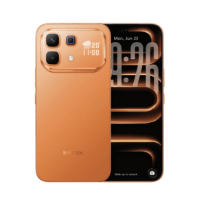 Infinix Note 60 Pro Wazzuptechph 1 A bronze Infinix Note 60 Pro is shown against a black background, featuring a dot-matrix display on its camera module and a lock screen with "Mon, Jun 23" and "09:26" over orange glowing patterns.