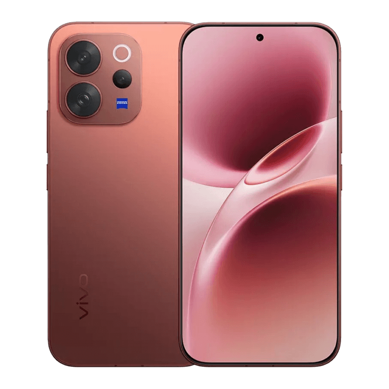 Vivo V70 A rose gold Vivo smartphone, possibly the V70, is shown from the rear and front. The back features a prominent camera module with three lenses and a "ZEISS" logo, indicating a partnership for its optics. The front display is vibrant with swirling pink and purple abstract shapes, and a small punch-hole camera is visible at the top center. The phone has rounded corners and a sleek, modern design.