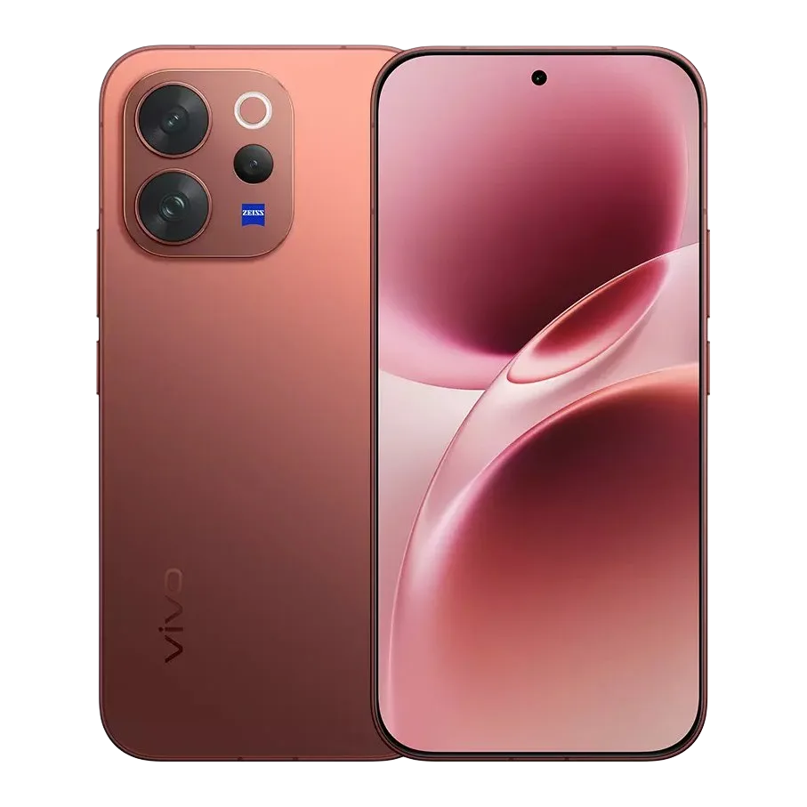 A rose gold Vivo smartphone, possibly the V70, is shown from the rear and front. The back features a prominent camera module with three lenses and a "ZEISS" logo, indicating a partnership for its optics. The front display is vibrant with swirling pink and purple abstract shapes, and a small punch-hole camera is visible at the top center. The phone has rounded corners and a sleek, modern design.
