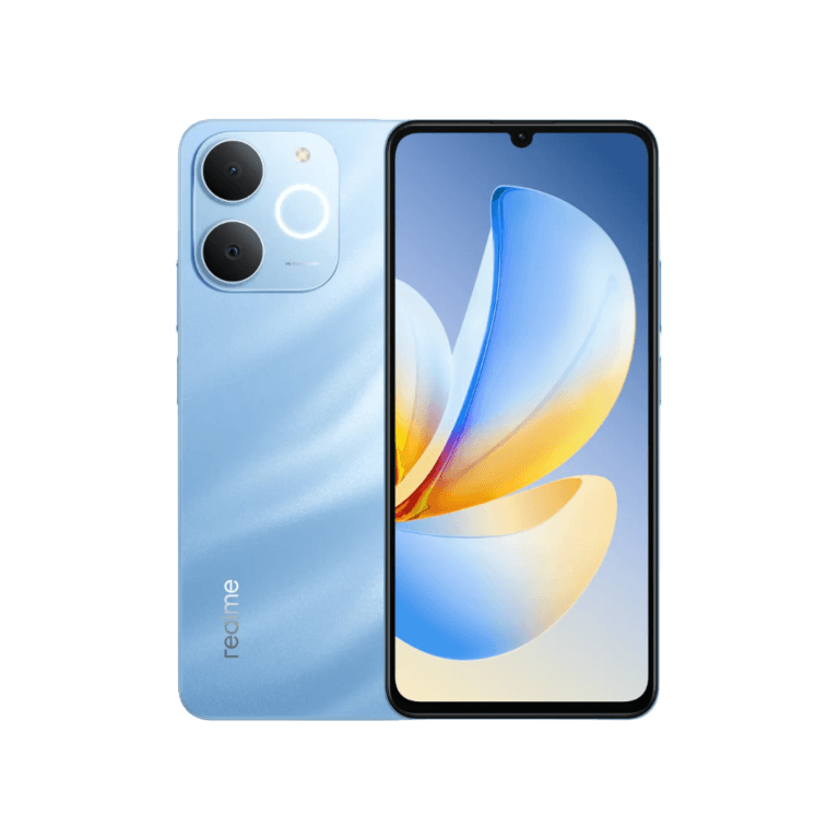 Realme P4 Lite Front and back view of the Realme P4 Lite in light blue, showing a slim design with a waterdrop-notch display on the front and a dual-camera module with circular LED ring on the rear, set against a black background.