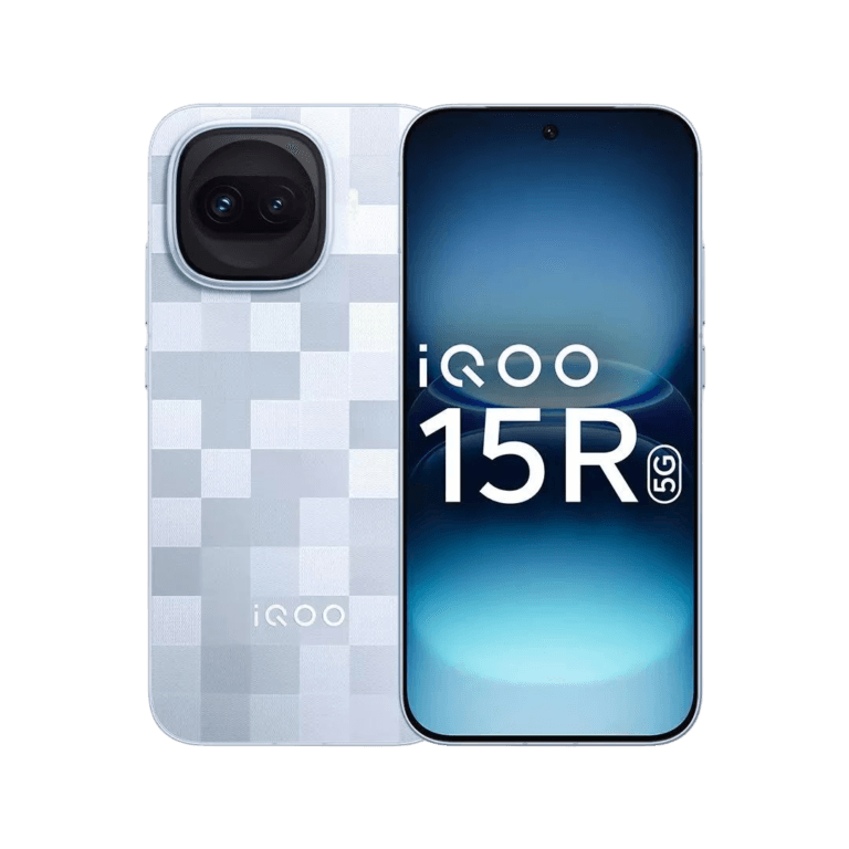 iQOO 15R iQOO 15R 5G smartphone, featuring a checkered-pattern back cover and a centered punch-hole display showing 'iQOO 15R 5G'.