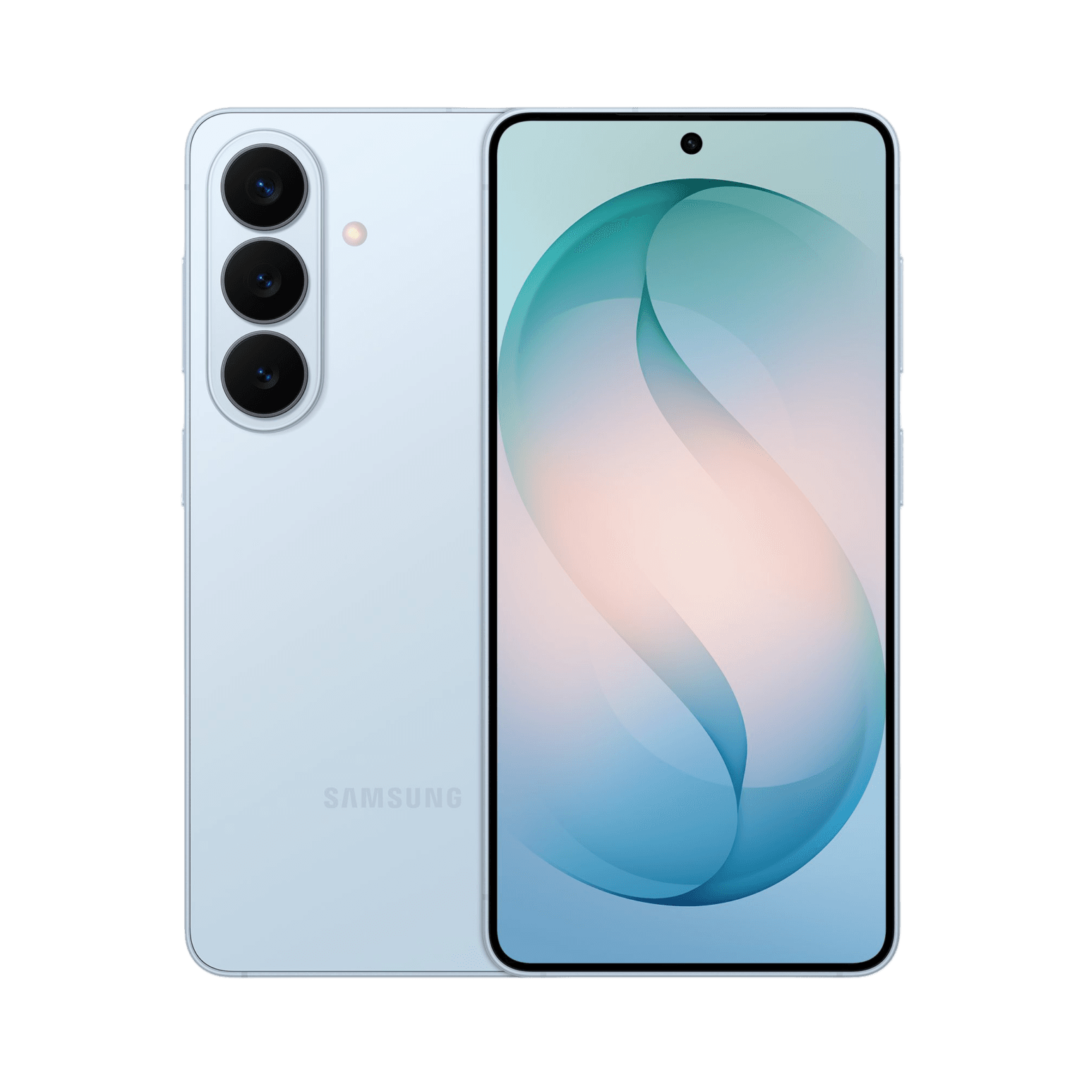 Front and back view of the Samsung Galaxy S26 in light blue color, featuring a triple rear camera setup aligned vertically with an LED flash, and a flat display with slim bezels and a centered punch-hole front camera showing a soft blue and peach abstract wallpaper.