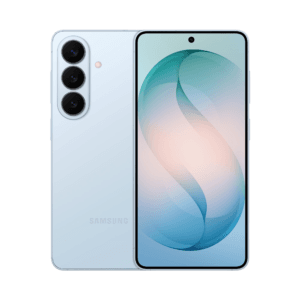 picsart_26-02-27_07-21-58-2953486866714625015917 1 Front and back view of the Samsung Galaxy S26 in light blue color, featuring a triple rear camera setup aligned vertically with an LED flash, and a flat display with slim bezels and a centered punch-hole front camera showing a soft blue and peach abstract wallpaper.
