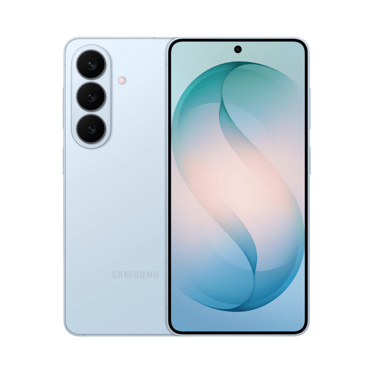 Samsung Galaxy S26 Front and back view of the Samsung Galaxy S26 in light blue color, featuring a triple rear camera setup aligned vertically with an LED flash, and a flat display with slim bezels and a centered punch-hole front camera showing a soft blue and peach abstract wallpaper.