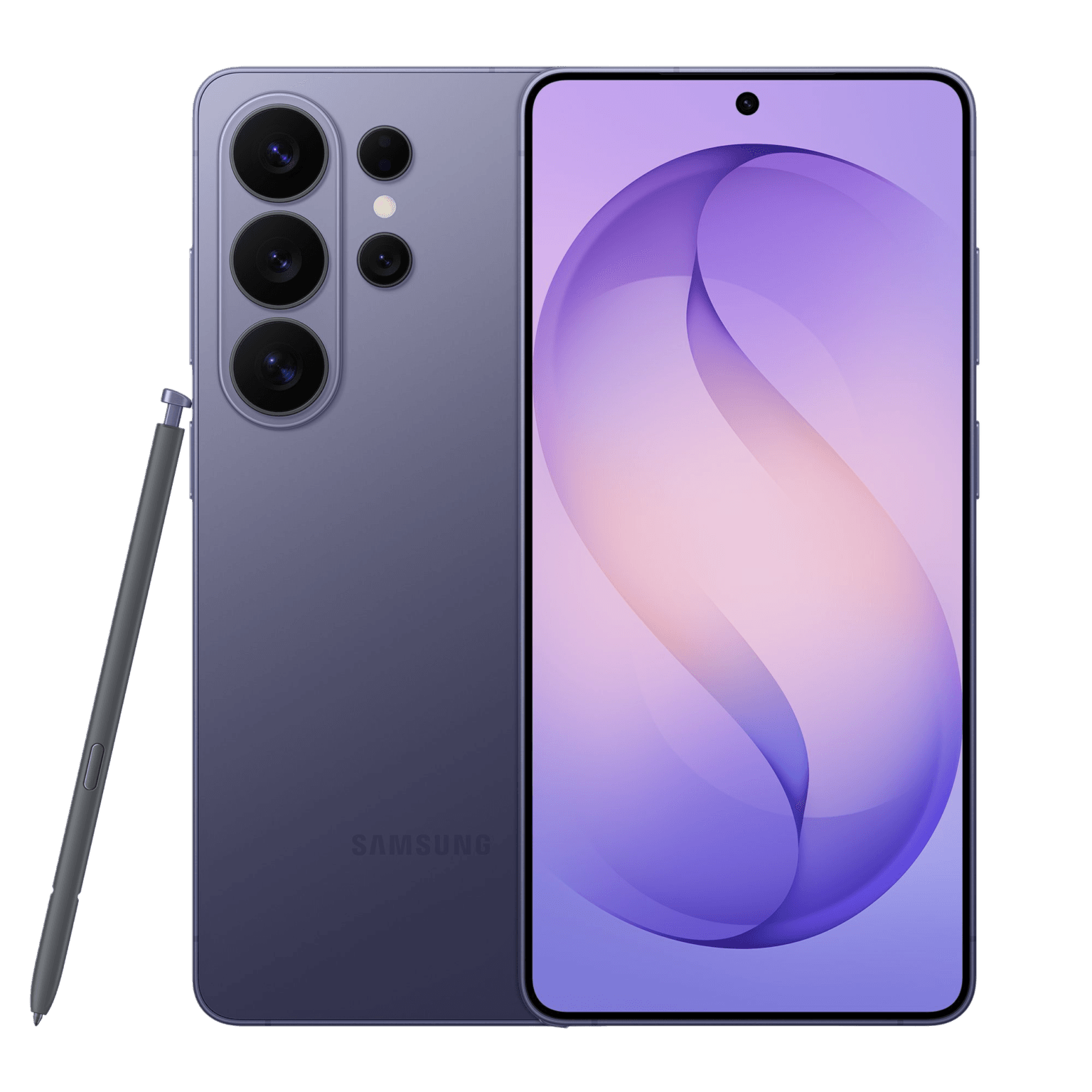 Samsung Galaxy S26 Ultra in dark gray. Rear quad-camera setup, S Pen included. Front has centered punch-hole camera with purple-pink abstract wallpaper, against black background.