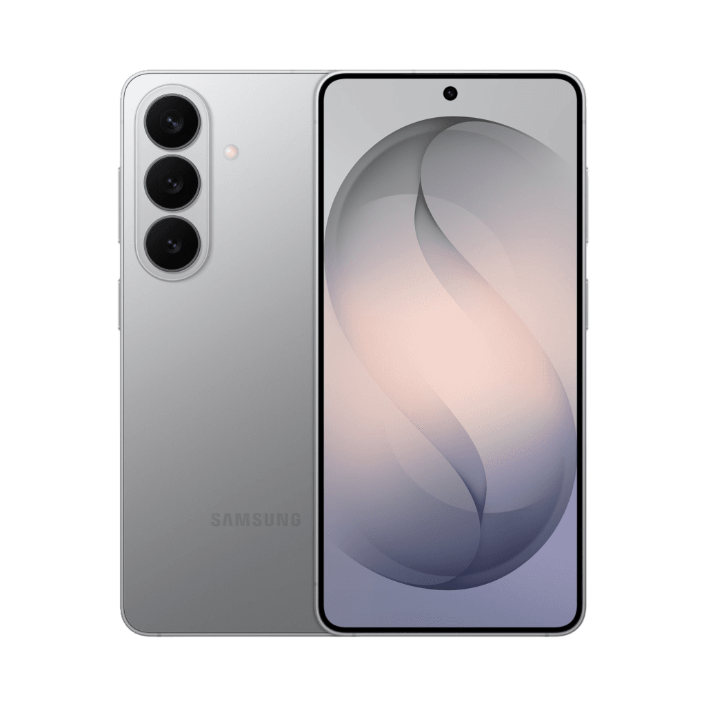 Samsung Galaxy S26+ in silver. Rear triple-camera setup, Samsung logo below. Front has centered punch-hole camera with soft abstract wallpaper, against black background.