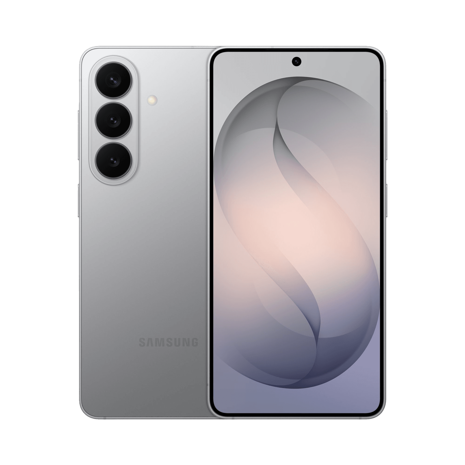 Samsung Galaxy S26+ in silver. Rear triple-camera setup, Samsung logo below. Front has centered punch-hole camera with soft abstract wallpaper, against black background.