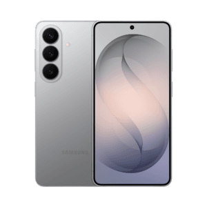 Samsung Galaxy S26+ in silver. Rear triple-camera setup, Samsung logo below. Front has centered punch-hole camera with soft abstract wallpaper, against black background.