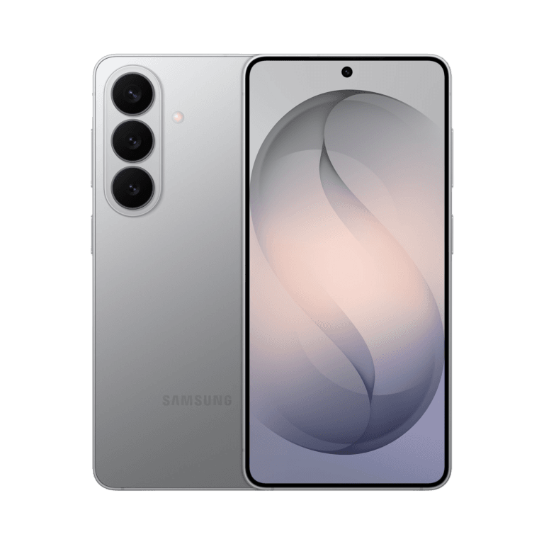 Galaxy S26+ Samsung Galaxy S26+ in silver. Rear triple-camera setup, Samsung logo below. Front has centered punch-hole camera with soft abstract wallpaper, against black background.