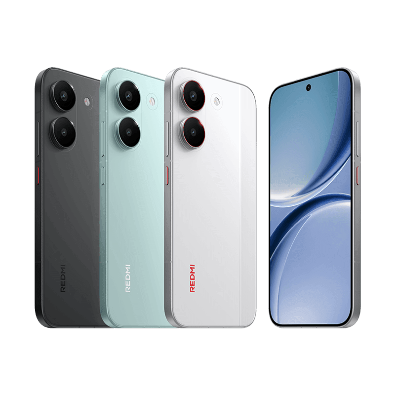 Poco X8 Pro (2511FPC34G) Global Variant Appears on Geekbench Redmi Turbo 5 smartphones shown in multiple colors—black, mint green, and white—featuring a flat-edge design, dual large circular rear cameras with LED flash, and a front view displaying a slim-bezel screen with a centered punch-hole camera on a black background.