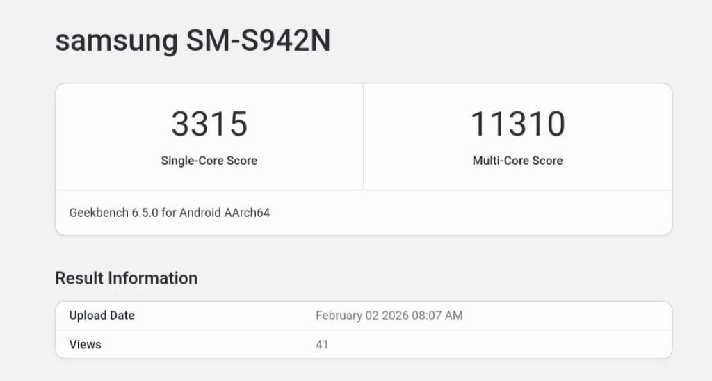 Geekbench 6.5.0 results for Samsung SM-S942N: single-core score 3315, multi-core score 11310, uploaded February 02 2026 08:07 AM