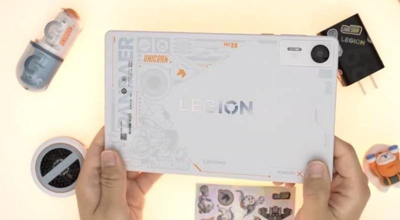 Back view of the Lenovo Legion Y700 (2026) AI Tablet Pandaer Edition in white, showing the Legion logo, gaming graphics, and 50MP rear camera module.