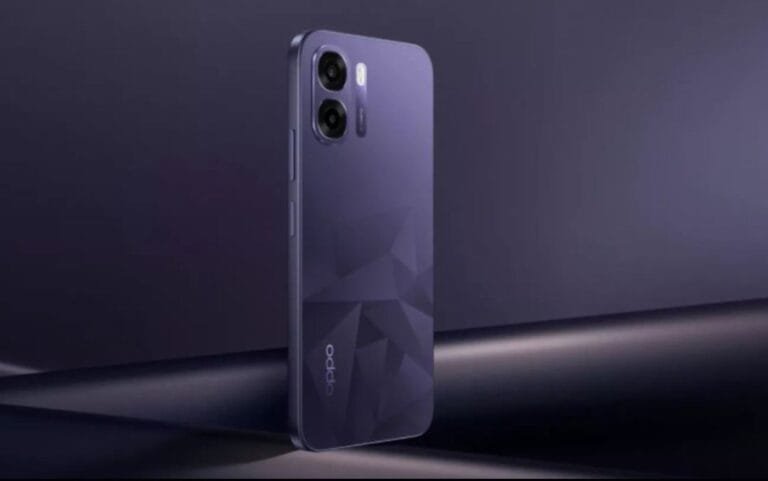 Oppo K14x 5G rear design in Prism Violet color showing dual camera setup and geometric back panel finish.