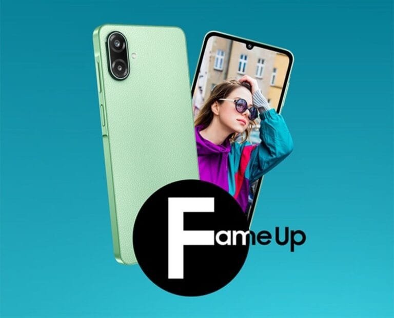 Samsung Galaxy F70e 5G Price in India Starts at INR 12,999 Samsung Galaxy F70e 5G shown in Limelight Green, featuring a textured leather-finish back with dual rear cameras, alongside the front display showing a lifestyle image, highlighting its slim design and modern look.