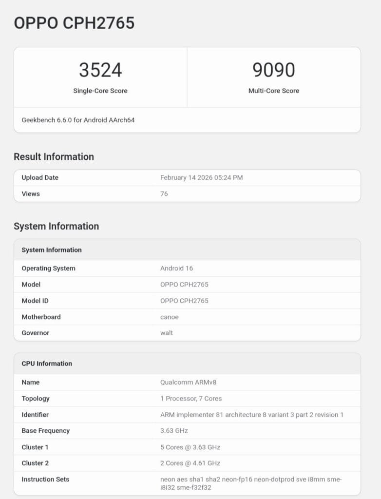OPPO Find N6 (CPH2765) Appeared on Geekbench with a 7-Core SoC? 1 Geekbench 6 benchmark results for OPPO CPH2765, showing a single-core score of 3524 and a multi-core score of 9090, running Android 16 with a Qualcomm ARMv8 processor and detailed CPU configuration.