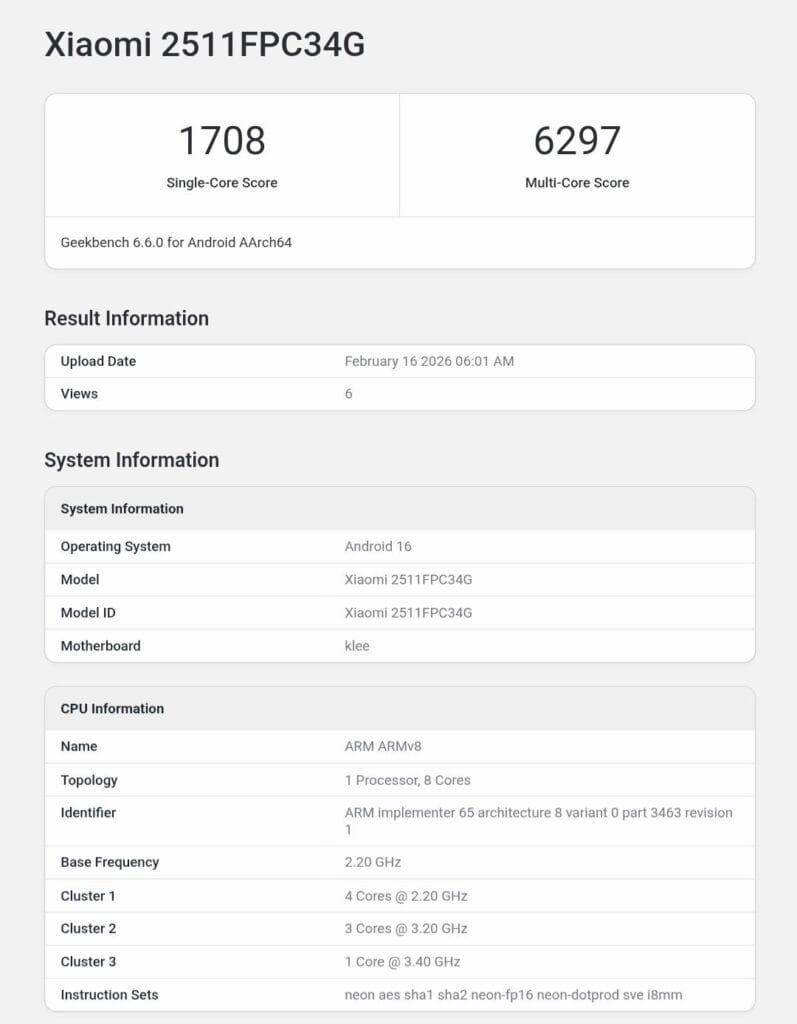 Poco X8 Pro (2511FPC34G) Global Variant Appears on Geekbench 1 Geekbench 6 listing for the Poco X8 Pro (2511FPC34G) showing a Single-Core score of 1,708 and Multi-Core score of 6,297. It features 12GB RAM, Android 16, and an 8-core processor clocked at 3.40 GHz.