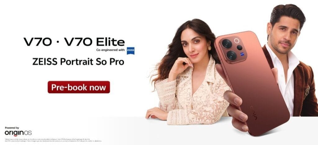 Vivo V70 and Vivo V70 Elite promotional banner featuring the bronze variant, ZEISS Portrait branding, and brand ambassadors holding the phone with a pre-book now call-to-action.