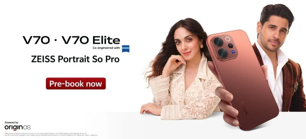 Vivo V70 and Vivo V70 Elite Price in India, Specs, and Philippine Availability 1 Vivo V70 and Vivo V70 Elite promotional banner featuring the bronze variant, ZEISS Portrait branding, and brand ambassadors holding the phone with a pre-book now call-to-action.