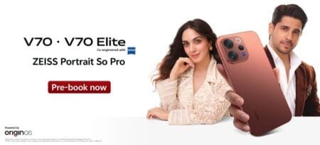Vivo V70 and Vivo V70 Elite Price in India, Specs, and Philippine Availability Vivo V70 and Vivo V70 Elite promotional banner featuring the bronze variant, ZEISS Portrait branding, and brand ambassadors holding the phone with a pre-book now call-to-action.