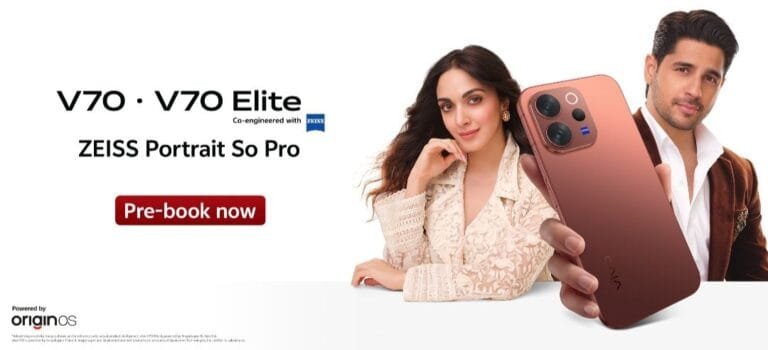 Vivo V70 and Vivo V70 Elite Price in India, Specs, and Philippine Availability Vivo V70 and Vivo V70 Elite promotional banner featuring the bronze variant, ZEISS Portrait branding, and brand ambassadors holding the phone with a pre-book now call-to-action.