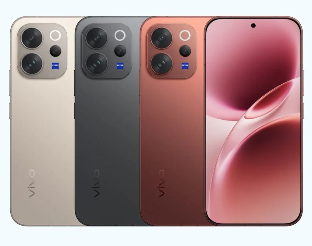Vivo V70 and Vivo V70 Elite Price in India, Specs, and Philippine Availability 3 Vivo V70 Elite smartphones shown in multiple color options, highlighting the rear triple-camera design with ZEISS branding and the front display with a centered punch-hole camera.