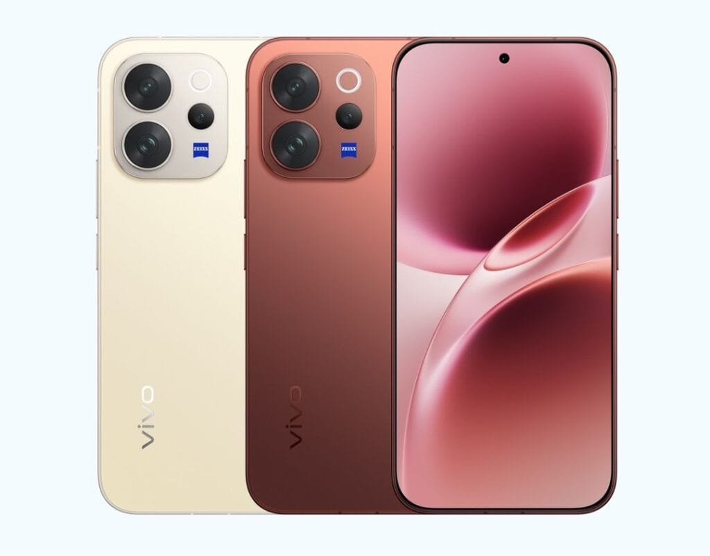 Vivo V70 smartphones shown in multiple color options, highlighting the rear triple-camera design with ZEISS branding and the front display with a centered punch-hole camera.