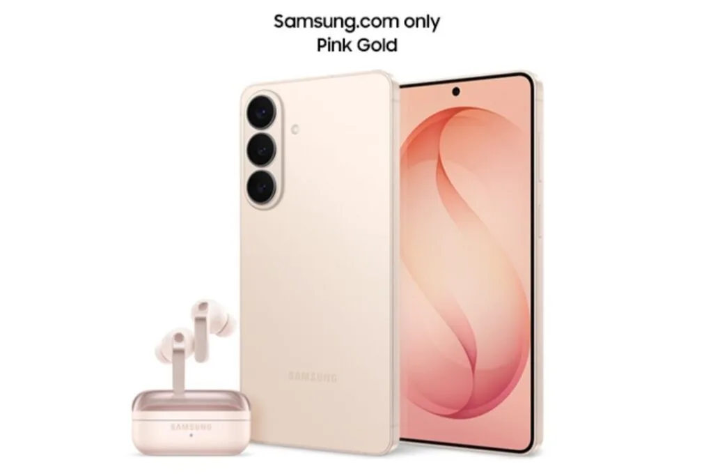 Samsung Galaxy S26+ Launched with Starting Price of PHP 67,990 1 Samsung smartphone in Pink Gold (online exclusive at Samsung.com only), shown with front and back views – triple rear cameras, curved display with abstract orange-pink wallpaper. Paired with matching pink Samsung earbuds in an open case.