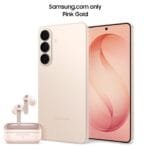 Samsung smartphone in Pink Gold (online exclusive at Samsung.com only), shown with front and back views – triple rear cameras, curved display with abstract orange-pink wallpaper. Paired with matching pink Samsung earbuds in an open case.