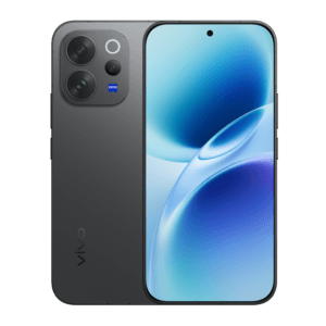vivo_v70_elite_wazzuptechph6608328586716947982 1 A dark gray Vivo V70 Elite smartphone is presented with its back and front visible. The rear features a large, rectangular camera module housing multiple lenses and the ZEISS logo, signifying advanced imaging capabilities. The display showcases a dynamic blue and white abstract background, and a small front-facing camera is centered at the top. The phone exhibits a sleek design with gently curved edges.