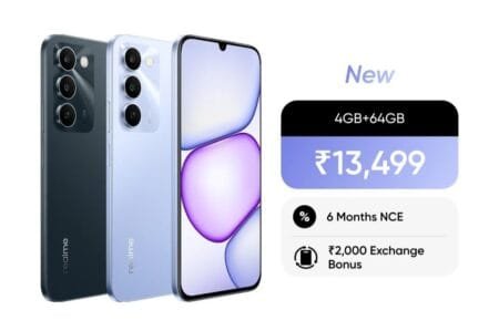 Realme C83 5G Priced at Rs 13,499 in India Promotional image of realme C83 5G smartphones showing three views: dark gray and light blue back panels with triple rear cameras, and front display with a notch. Text highlights 'New' model, 4GB+64GB variant priced at ₹13,499, along with offers of 6 Months NCE and ₹2,000 Exchange Bonus.