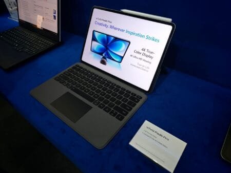 - Vivo Pad 6 Pro tablet with a detachable keyboard, stylus, and a high-resolution display showcasing its features.