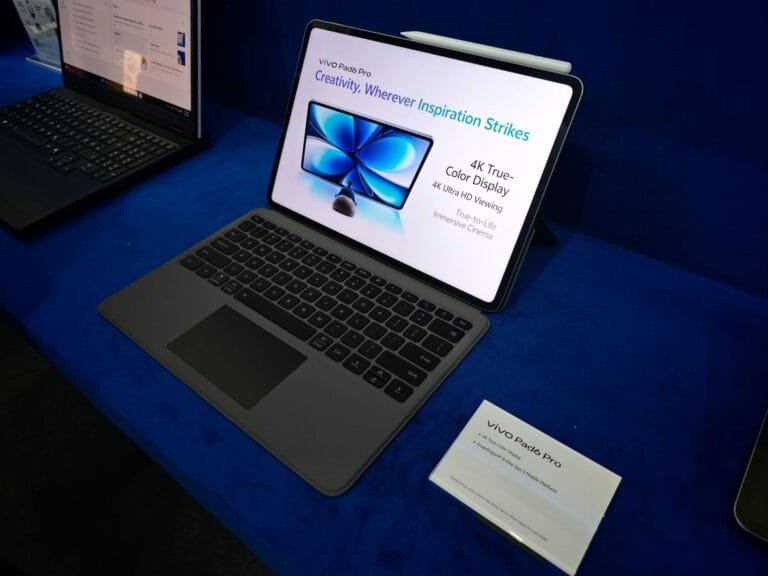 Vivo Pad 6 Pro Showcased at MWC 2026 with Stylus Pen and External Keyboard - Vivo Pad 6 Pro tablet with a detachable keyboard, stylus, and a high-resolution display showcasing its features.