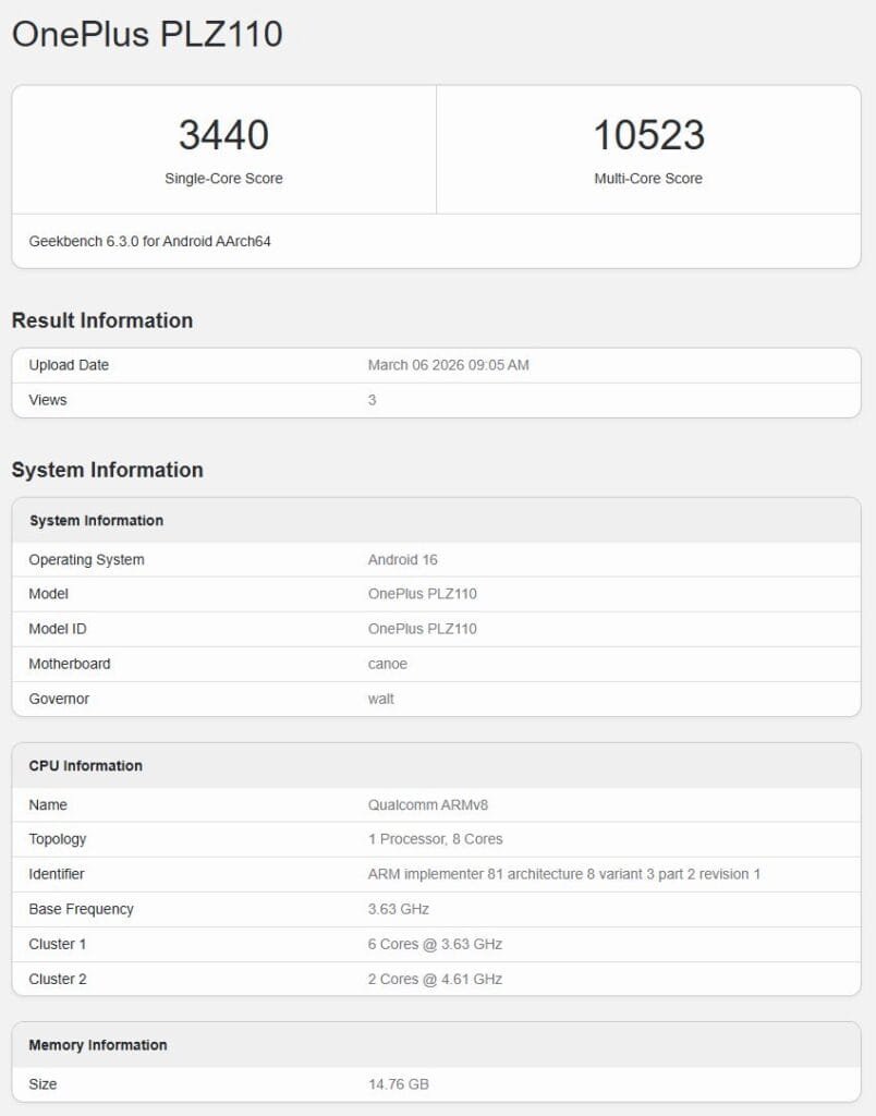 Geekbench 6.3.0 benchmark results for OnePlus PLZ110: single-core score 3440, multi-core score 10523. System info includes Android 16, Qualcomm ARMv8 8-core CPU (6 cores @ 3.63 GHz, 2 cores @ 4.61 GHz), and 14.76 GB memory. Uploaded March 06 2026 09:05 AM with 3 views.