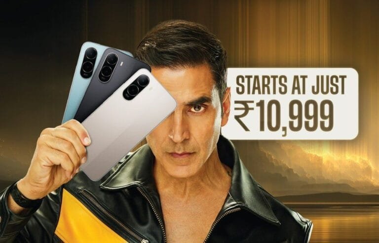 Poco C85x 5G ad with three color variants (light blue, dark gray, silver) and text 'STARTS AT JUST ₹10,999'.