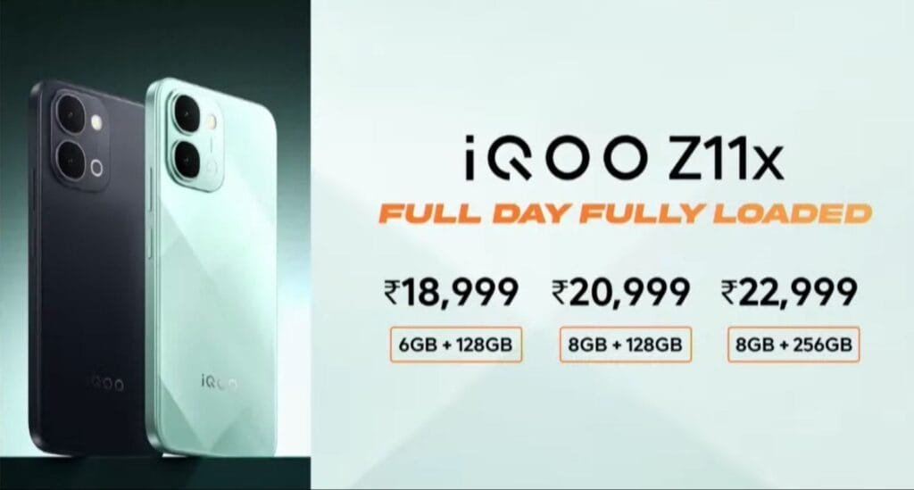 iQOO Z11x smartphone - Titan Black and Prismatic Green colors, prices ₹18,999 to ₹22,999
